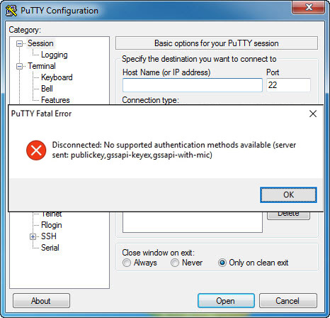 แก้ปัญหา Putty fatal error disconnected no supported authentication methods